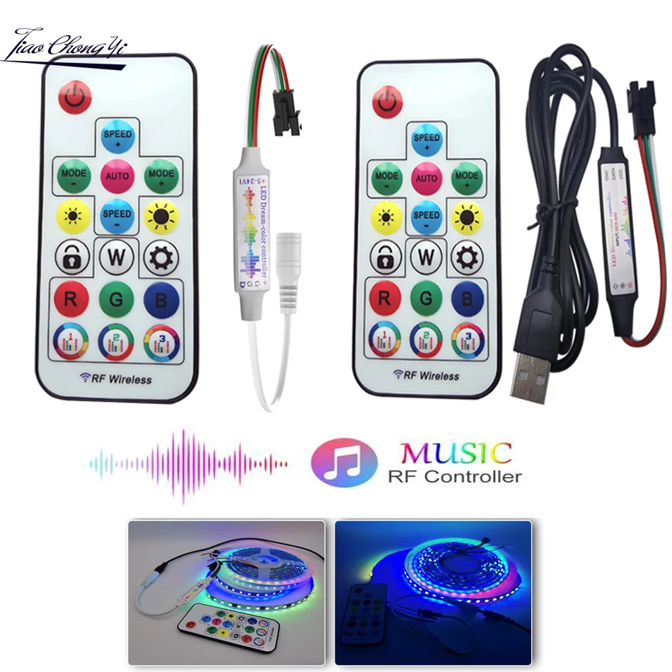 

USB/DC 17 клавиш RGB музыкальный светодиодный контроллер Радиочастотный пульт для WS2811 WS2812 SK6812 IC RGB индивидуально Адресуемая Светодиодная лента