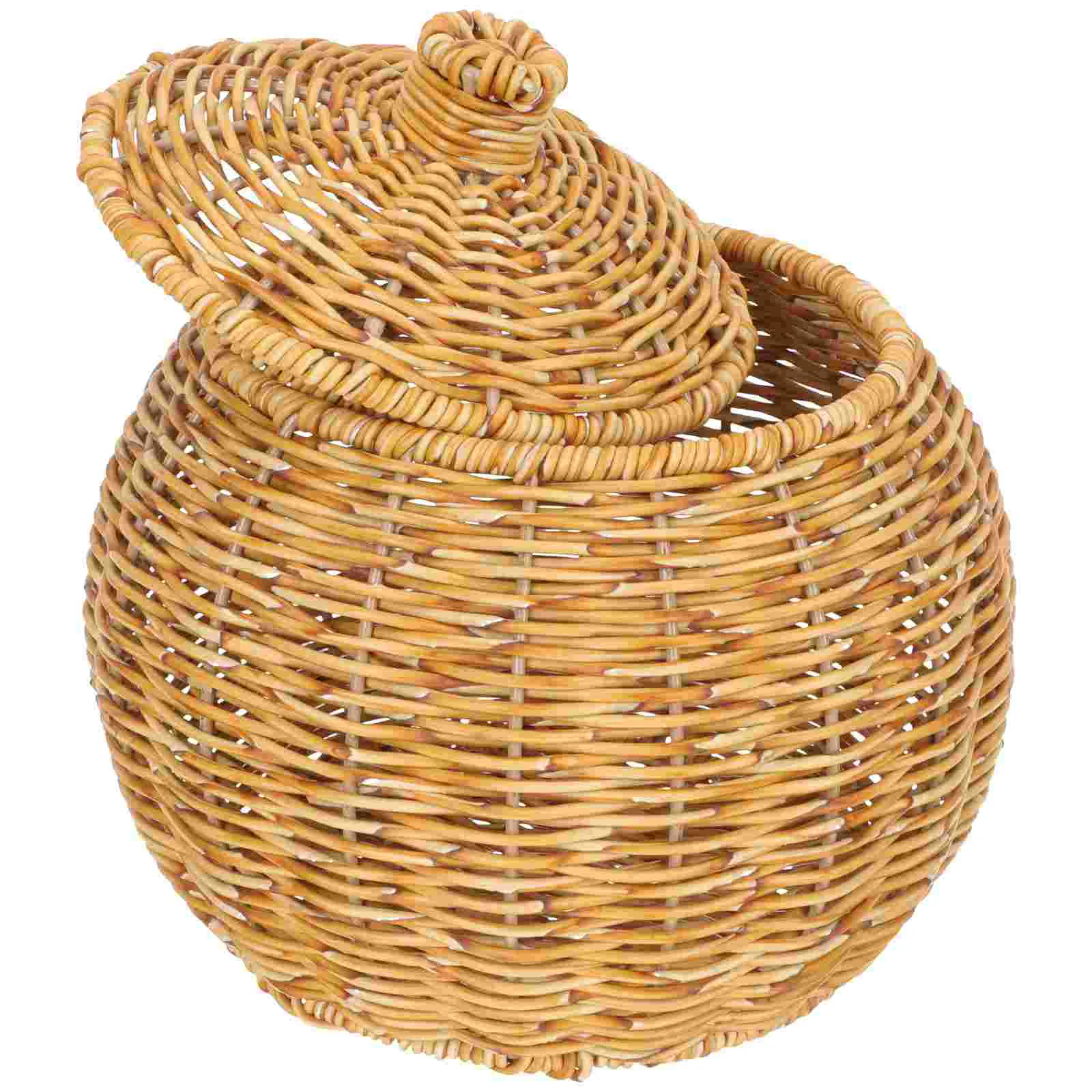 

Basket Storage Rattan Woven Lid Wicker Fruit Baskets Egg Round Tray Holder Bread Seagrass Box Garlic Serving Waste Food Tub