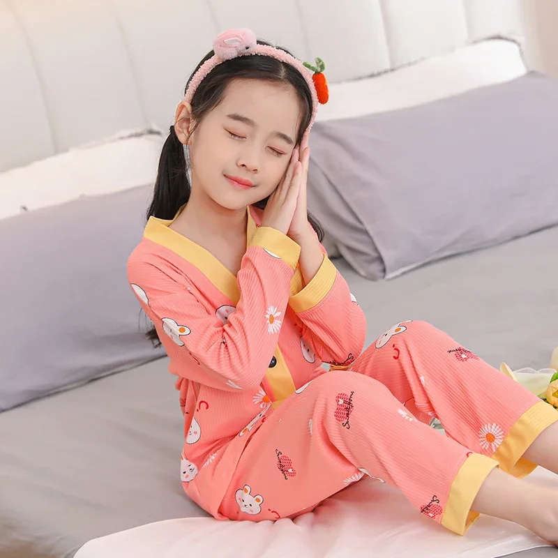 

Girls Pajamas Sets Spring Autumn Long Sleeve Children's Sleepwear Set Cute V-neck Pajamas Girls Pyjamas Sets for Kids Nightwear