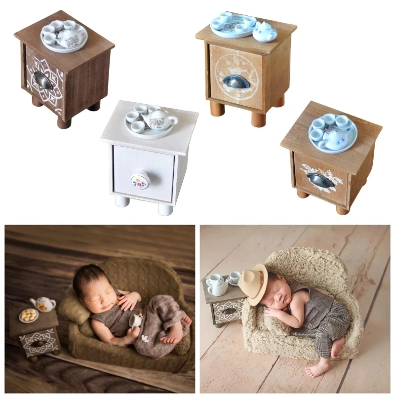 

Newborn Photography Props Coffee Table and Teapot Tea Bowl Tea Tray Set Infant Baby Full Moon Photo Shooting Prop Accessory