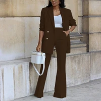 womens suits set 2 pieces double breasted solid color jacket casual blazer wide leg pants female set