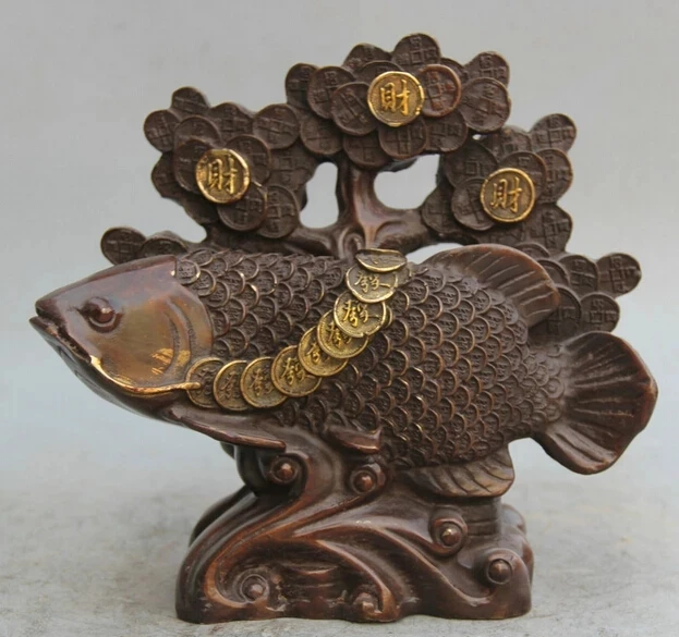 

wholesale factory 9" Chinese Bronze Gild Folk Wealth Money tree Fish barracuda Statue sculpture 25% off