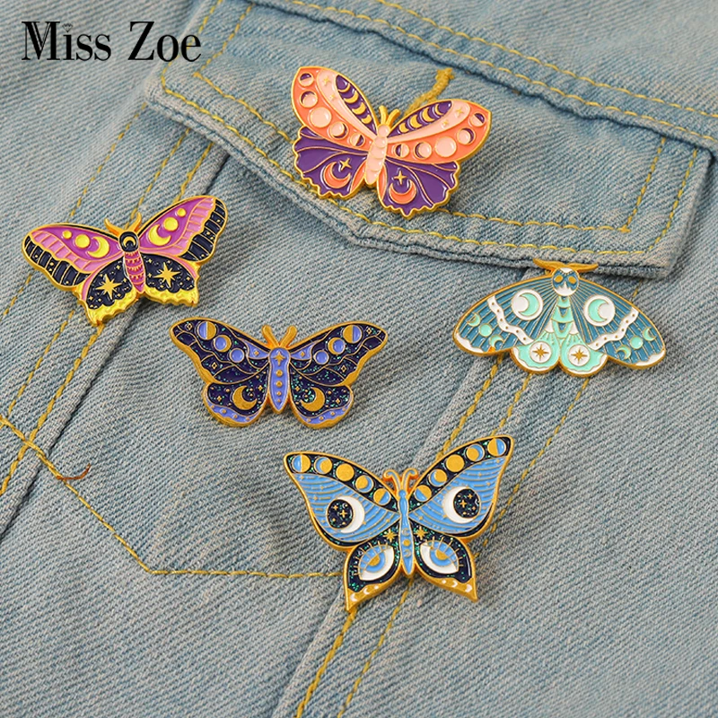 

Witch Butterfly Enamel Pins Custom Moon Phase Moth Brooches Lapel Badges Punk Gothic Insect Jewelry Gift for Friends