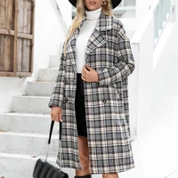 suit collar long sleeved autumn and winter double breasted long cashmere houndstooth woolen coat plaid windbreaker jacket women