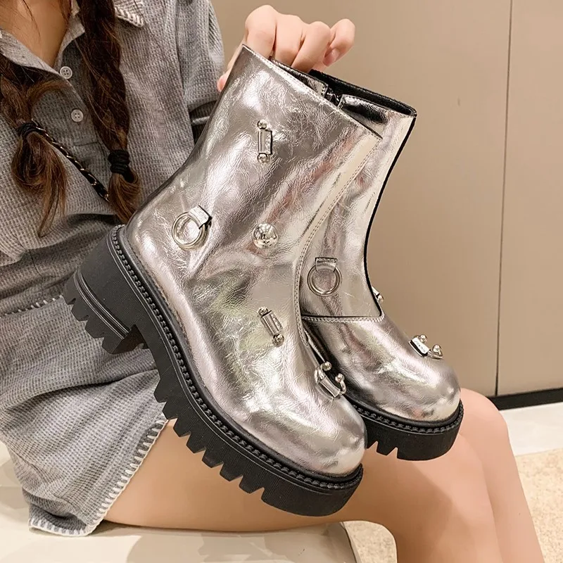 Женские ботильоны на толстой подошве с круглым носком черные 2022 Элегантная