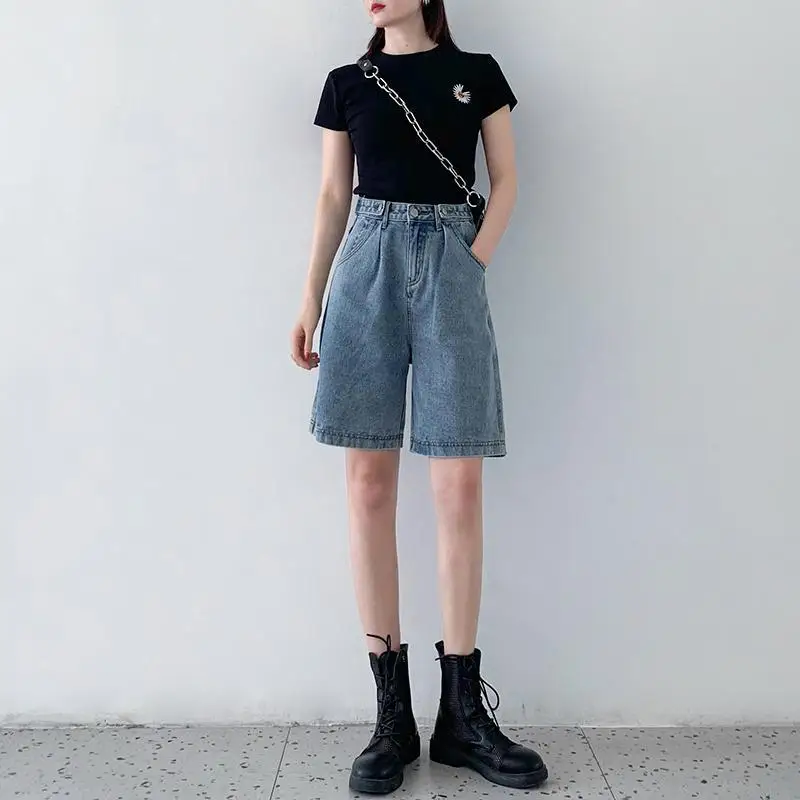 Vintage Blue Denim Shorts Women's Jean Shorts Summer Casual Korean Fashion Elastic High Waist Straight Leg Slim Wide Leg Pants