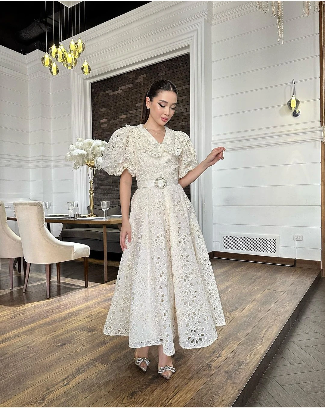 

AsaNagi Lace Evening Dresses V Neck Ankle-Length Elegant Puff Sleeve High Waist Party Dress 2023 Vestidos Elegantes فستان سهره