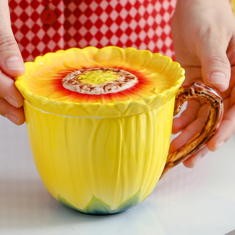 

Hand Painted Sunflower Mug With Lid Underglaze Ceramic Tea Cup Set Personalized Coffee Milk Water Mugs Elegant Gift For Friends