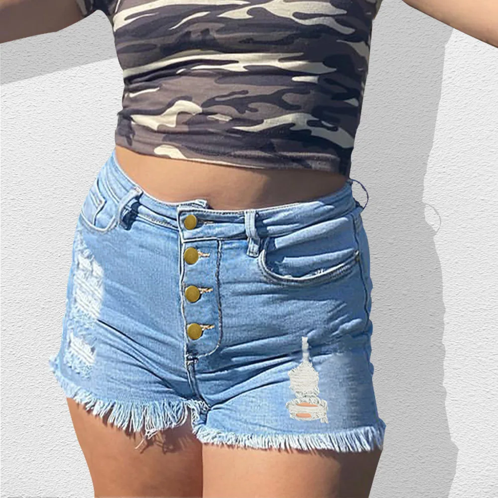 Casual High Waist Denim Shorts Women Summer Pocket Tassel Hole Ripped jeans Short Female Femme Short Pants Women