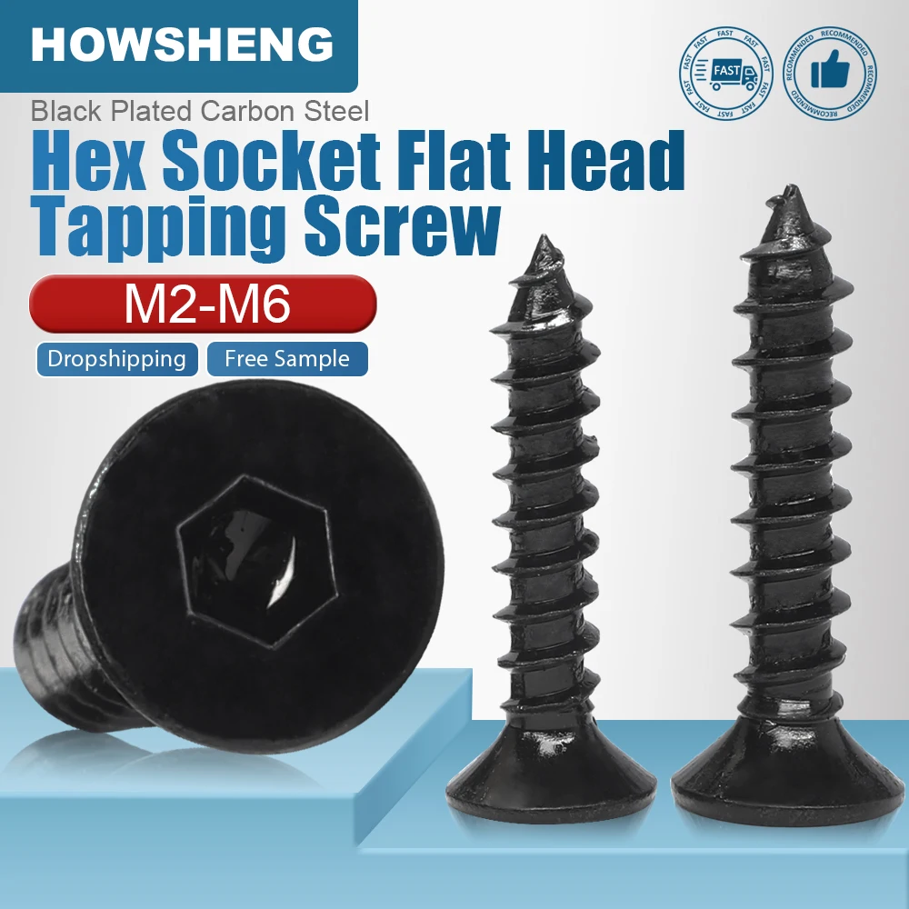

HOWSHENG 5-100 шт. шестигранный Самонарезающий винт с плоской головкой M2 M2.3 M2.6 M3 M6 черный шестигранный винт для резьбы по дереву