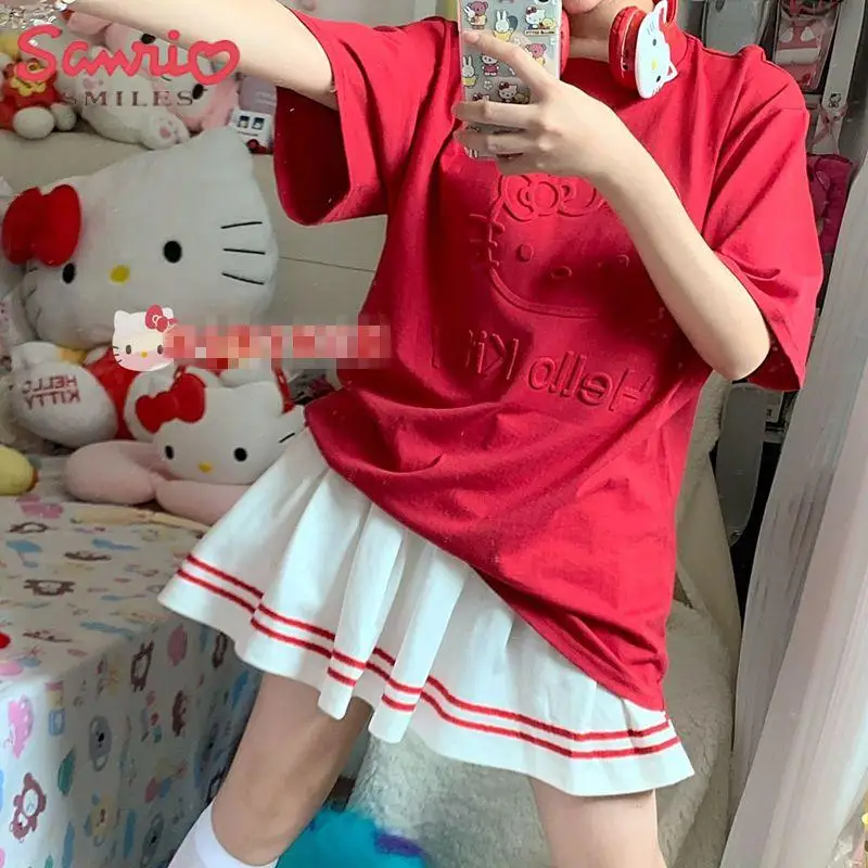 

Kawaii Sanrio аниме серия Hello футболка Китти короткий рукав короткий топ мультфильм милый однотонный принт девушка свободный горячий подарок для девушки