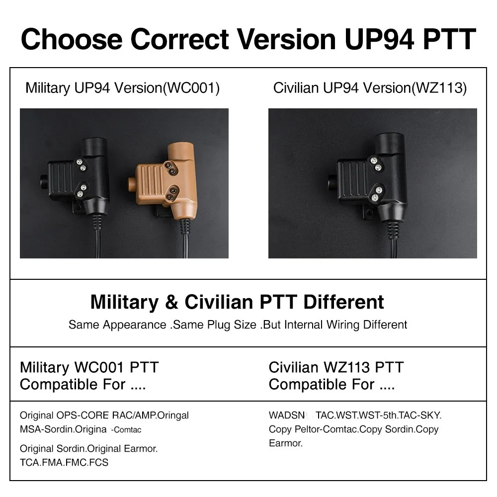WADSN Airsoft U94 Tactical PTT Military Standard Version for TMC-RAC headset KENWOOD Plug RAC TMC Softair COMTAC Push-To-Talk images - 6