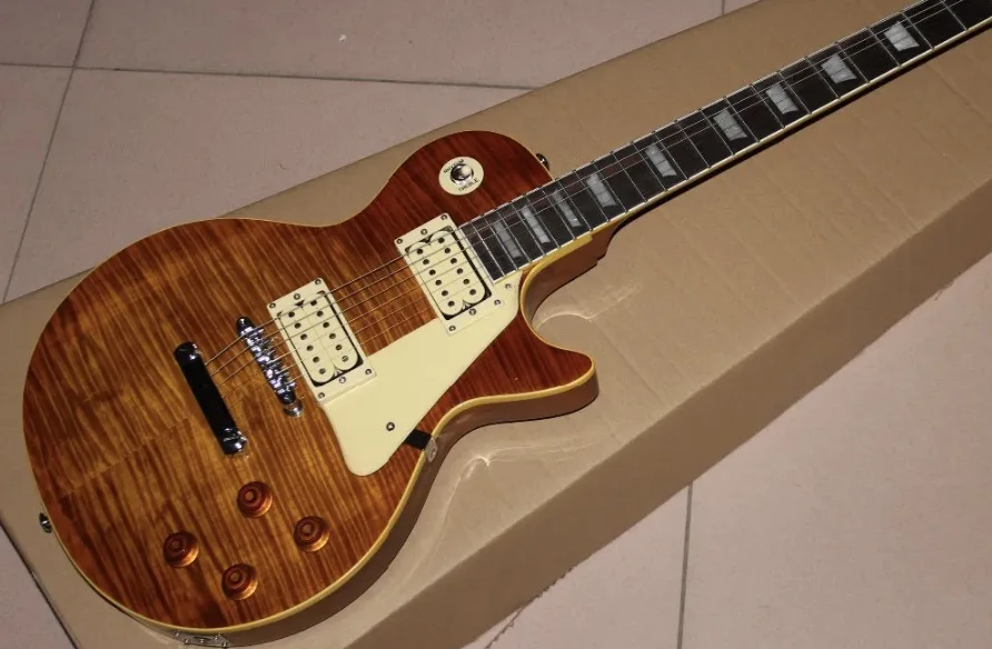 

Standard electric guitar Brown color tiger flame gitaar Ebony fingerboard 1 piece body - 1 piece neck