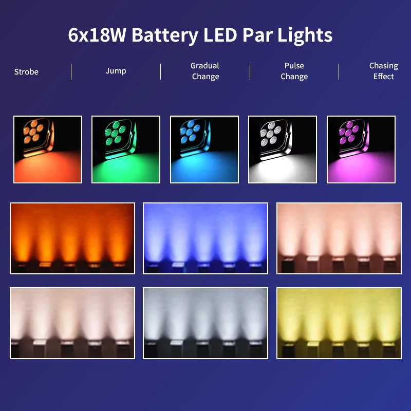 Фото 6x18 Вт Аккумулятор Par Light RGBWA UV 6IN1 Светодиодный беспроводной DMX с приложением для телефона iOS и Android с дистанционным управлением для вечеринки, свадьбы, сценического освещения №4