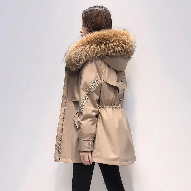 2022 Winter New Women Hooded Parka Down Jacket Design Sense Large Pocket Plus Velvet Warm Large Fur Collar Solid Color Coats