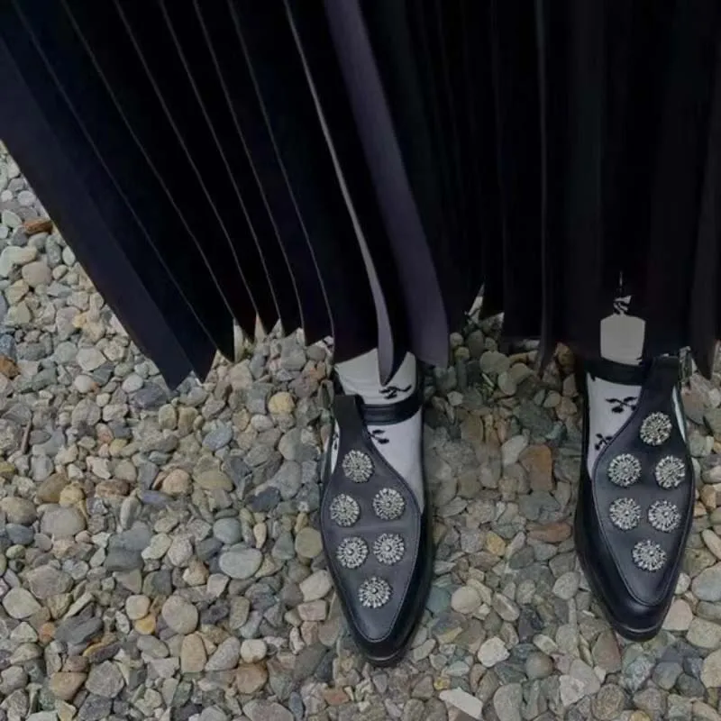 Pointed Toe Retro Leather Shoes Lady 2023 Metal Decor Spring Japanese Girl Style Mary Jane Shoes Fashion Buckle Flat Sandals 40