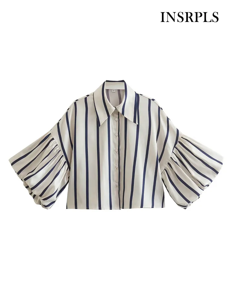 

INSRPLS Women Fashion Striped Loose Cropped Blouses Vintage Puff Sleeves Button-up Female Shirts Blusas Chic Tops