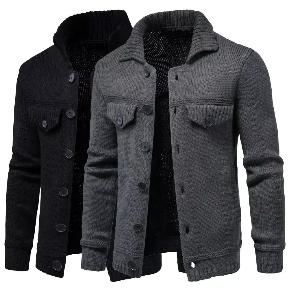 

2022NEW Thick Men's Knitted Sweater Jacket Long Sleeve Cardigan Wool Men's Lapel Workwear Cardigan Outer Sweater