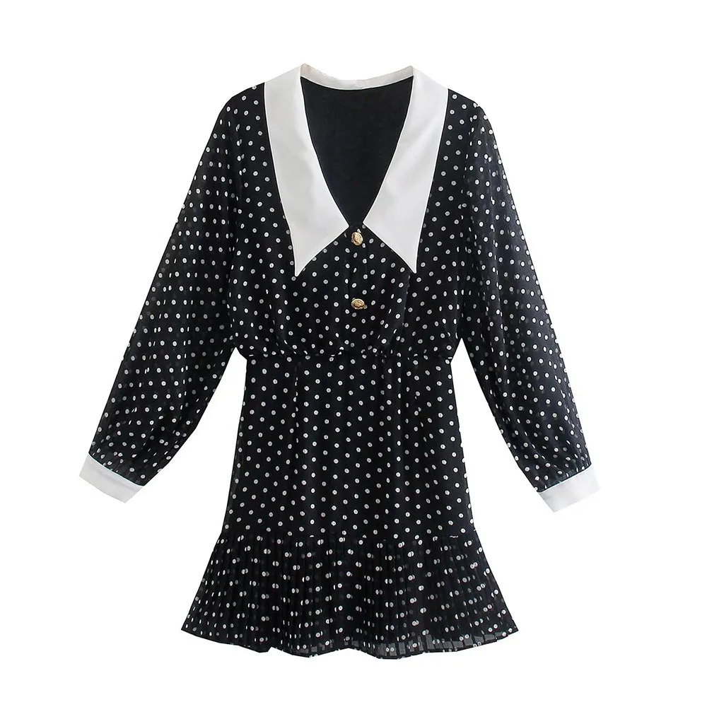 

Huaxiafan Women Fashion Polka Dot Print Pleated Semi-sheer Mini Dress Vintage Long Sleeve Side Zipper Female Dresses Mujer