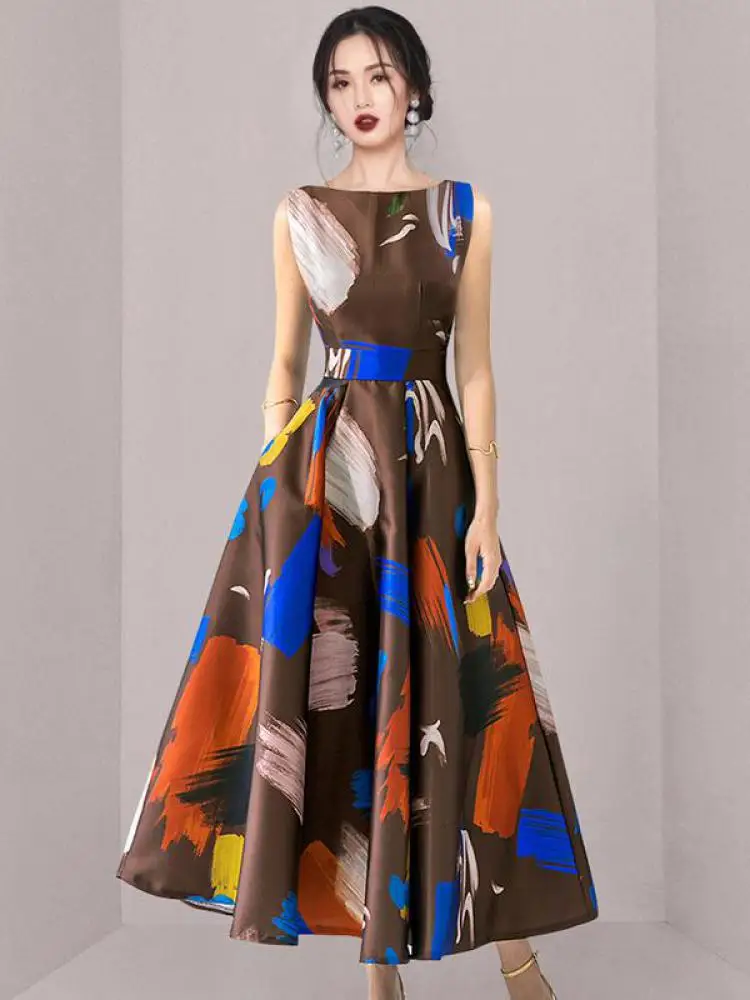 

High Quality Printed Elegant Summer Dresses Women 2022 Korean Style Chic Waist Slim Long Dress Fashion Women's Clothing