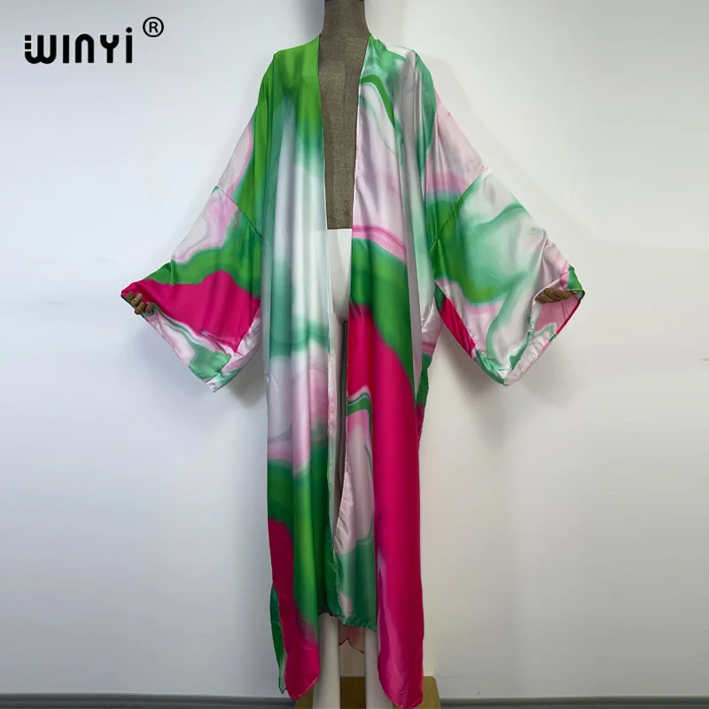 

WINYI 2023 Autumn Colorful Printing Beach Wear Swim Suit Elegant Africa Women Boho Cardigan Sexy Holiday Long DressSleeve Kimono