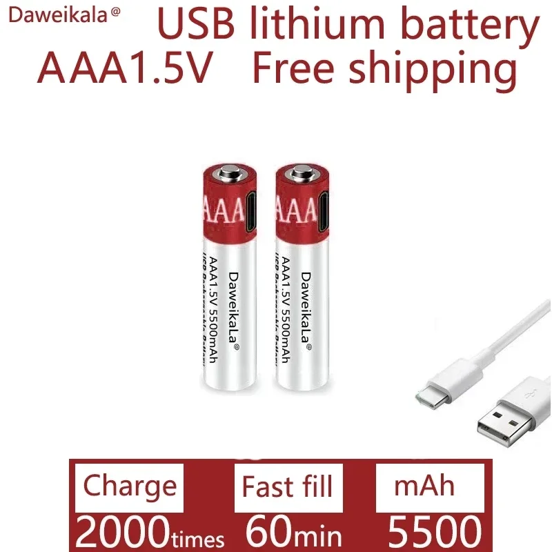 

Новые USB AAA перезаряжаемые батареи 1,5 в 5500 мА/ч литий-ионная батарея для пульта дистанционного управления электрическая игрушка батарея + кабель Type-C