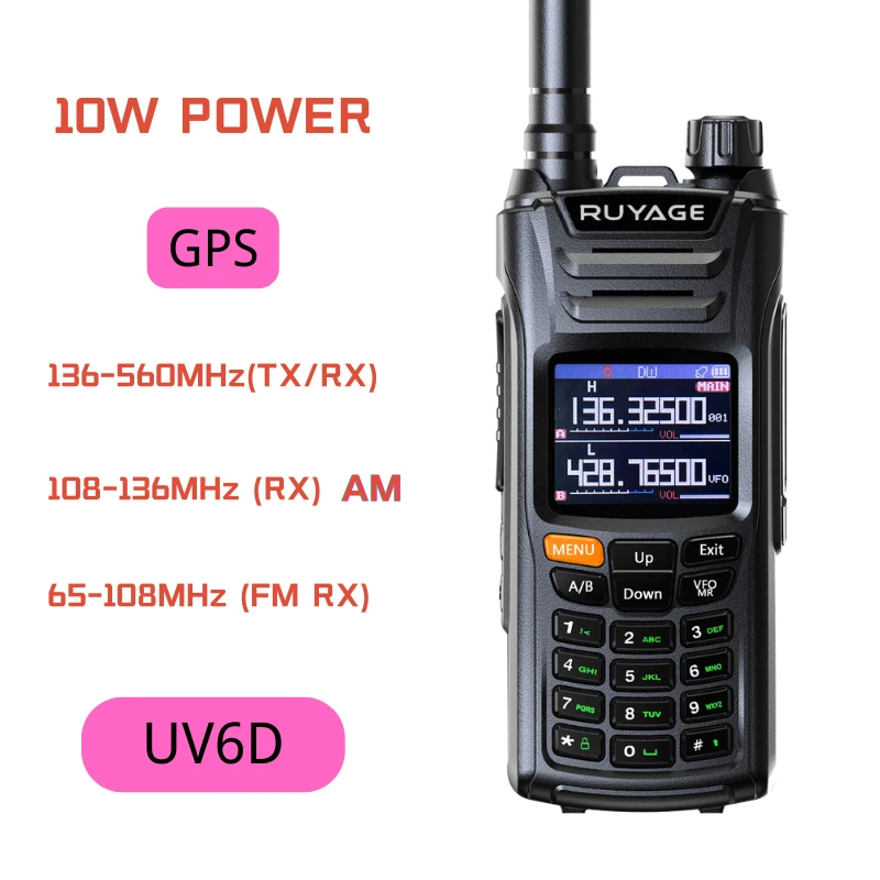 Ruyage UV6D GPS 6 Bands Amateur Ham Two Way Radio 999CH Air Band Walkie Talkie VOX DTMF SOS LCD Color Police Scanner Aviation