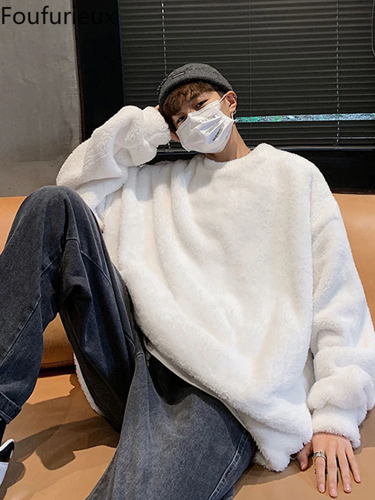 

Foufurieux Man Oversized Hoodies Sweatshirt Autumn Winter Solid Velvet Men Women All-match Student Korean Trend Polar Fleece