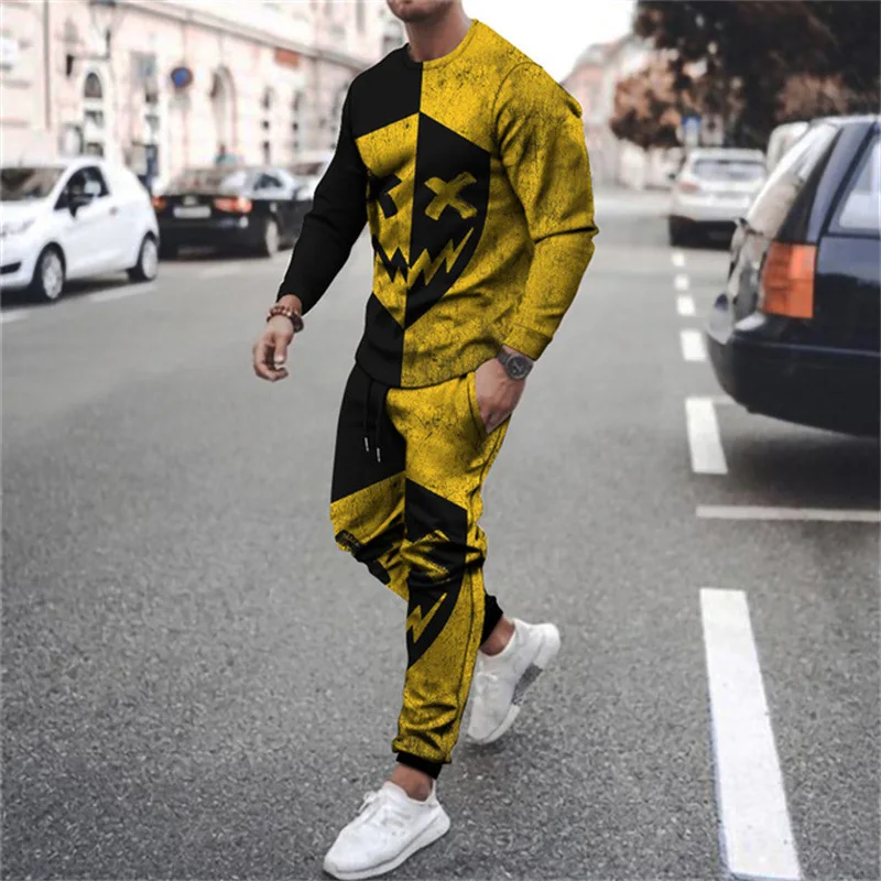 Pants Suit Men's Spring And Autumn Long Sleeve T-shirt 2-Piece Fashion Casual Tracksuit Color Printed Street Jogger Clothing