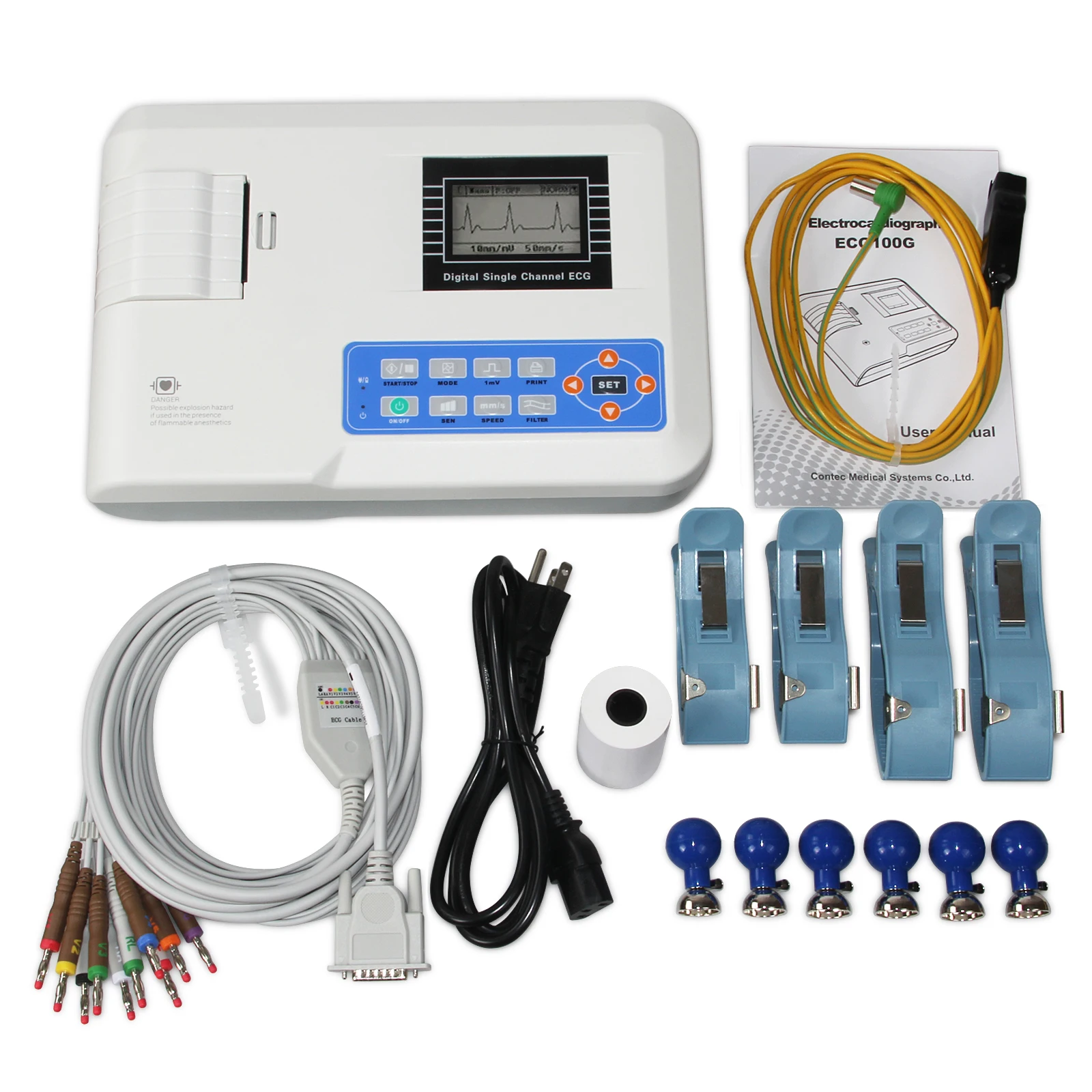 CONTEC CE ECG100G Single Channel Elektrokardiograph EKG Machine Monitor Cable Portable + Printer ECG |