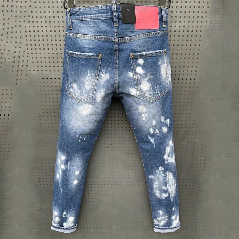 2022 Starbag DSQ four  jeans men's letter leather logo hole paint dot hip hop slim Blue Elastic Italian pop brand D2d NEW style