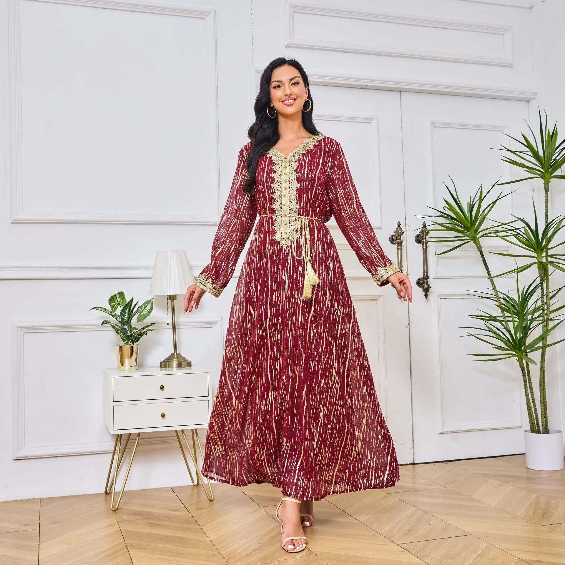 Новейшее арабское вечернее платье с длинными рукавами элегантное повседневное