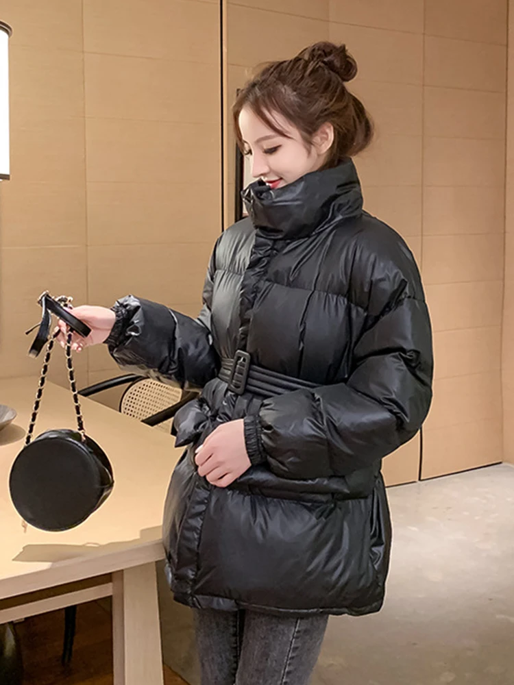 Casual Winter Coat Women Parker Coat Shiny Surface Warmth Thick Loose Women's Jacket Oversize Belted Jacket 2022