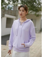 dushu slightly fat lady hooded collar full drop sleeve hoodie loose cotton pullovers office lady solid draw string design tops