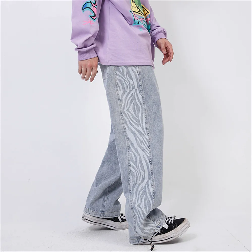 Elastic Waist Jeans Skeleton Baggy Casual Jean Pants Mens Japan Style Streetwear Straight Denim Trousers Male Vintage Blue