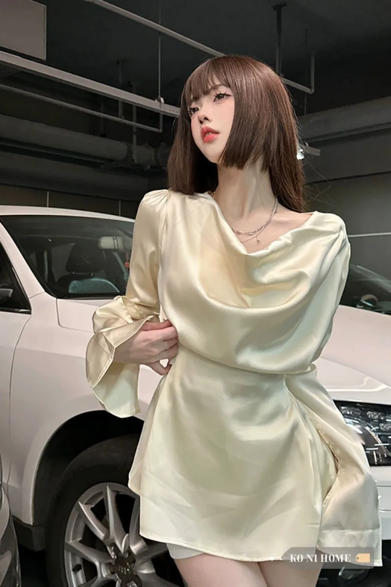 Рубашка Женская атласная с длинным рукавом однотонная плиссированная блуза