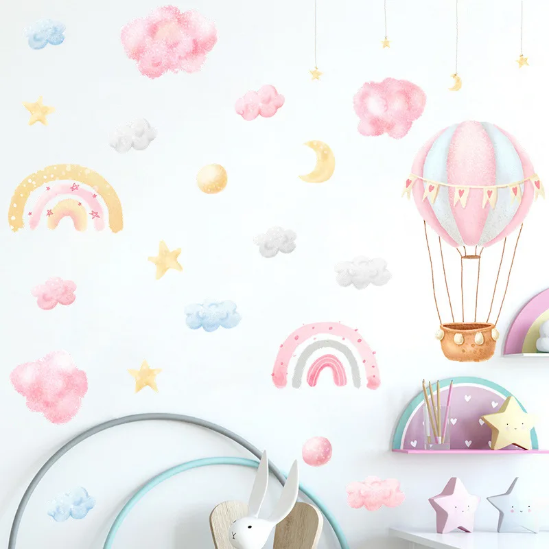 

Cartoon Rainbow Cloud Hot Air Balloon Wall Sticker Girl Child Room Bedroom for Home Decoration Wallpaper Pink Series Stickers