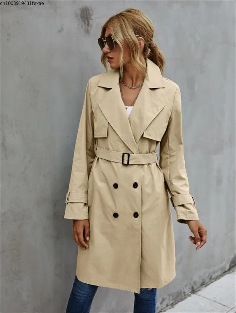 

Fashion Women Casual Solid Color Coat Adults Autumn Elagant Fashion Long Sleeve Lapel NeckDouble Breasted Belted Trench Coat