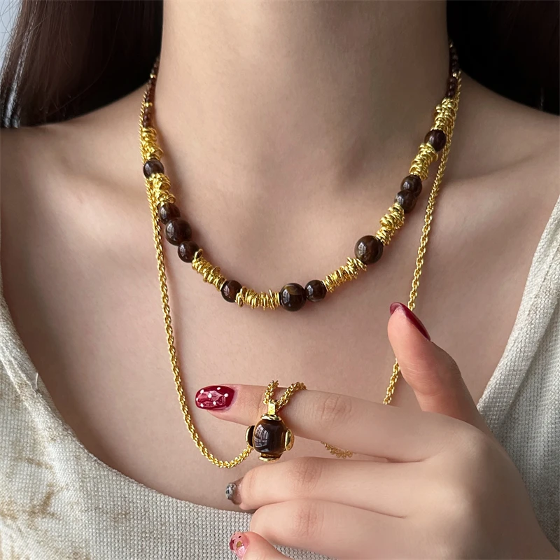 Золотое двухслойное ожерелье в стиле ретро с двойным тигровым глазом и камнем