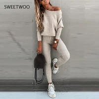 2022 autumn winter tracksuit long sleeve knitting top with elasticity trousers casual two piece sets women pants suit