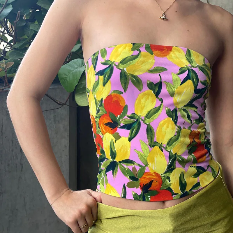 

Woman Off Shoulder Crop Tank lemon Printed Sleeveless Casual Backless Summer Crop Top S-L 2Color