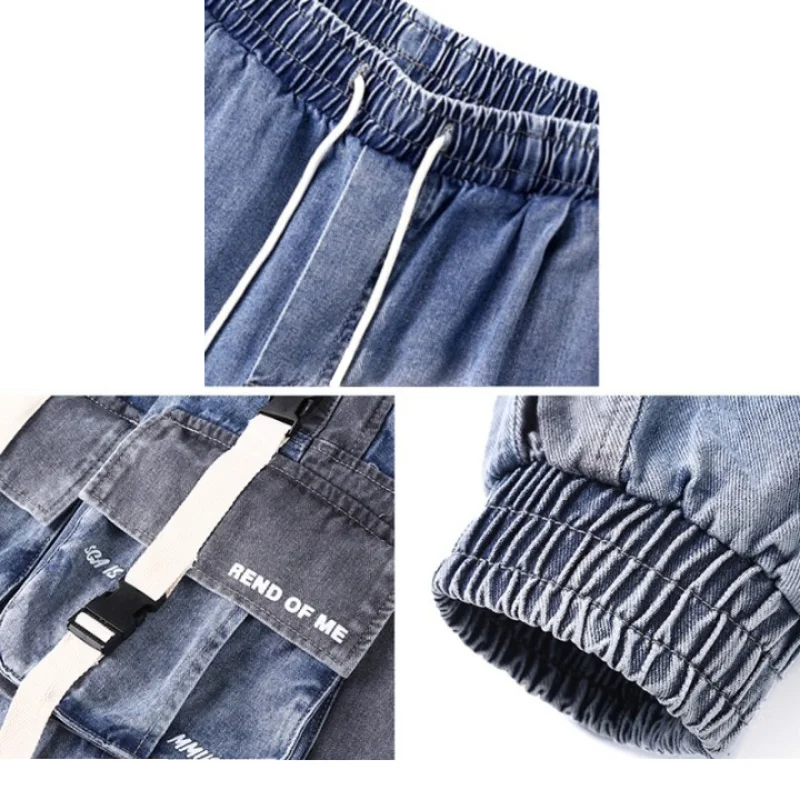 DEEPTOWN Techwear Cargo Jeans Pants Japanese Patchwork Men's Fashion Oversize Loose Casual Streetwear Hip Hop Trousers Male