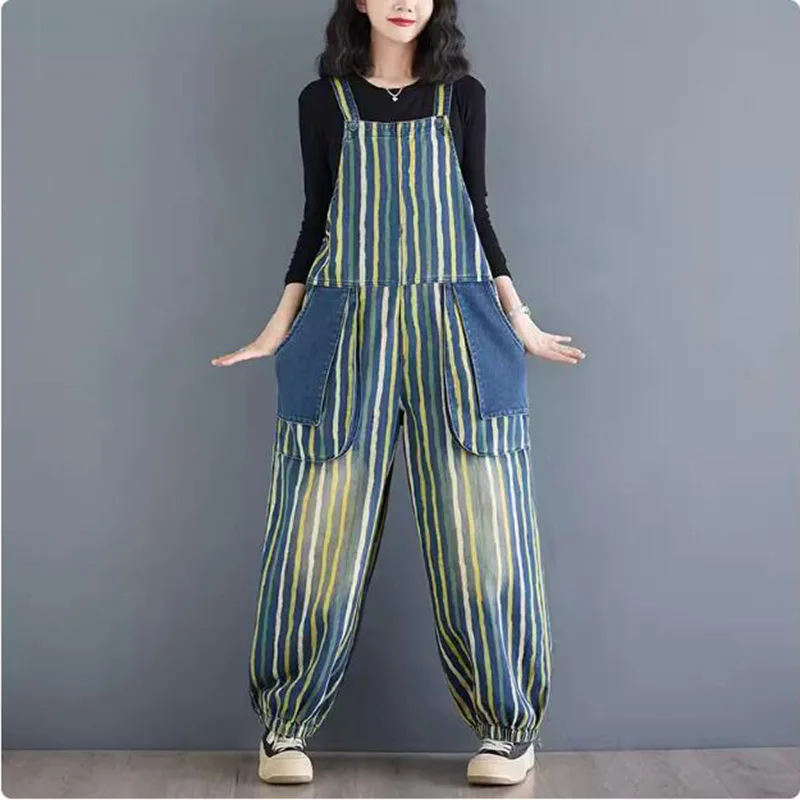 Джинсовый комбинезон в стиле ретро повседневный Свободный большого размера