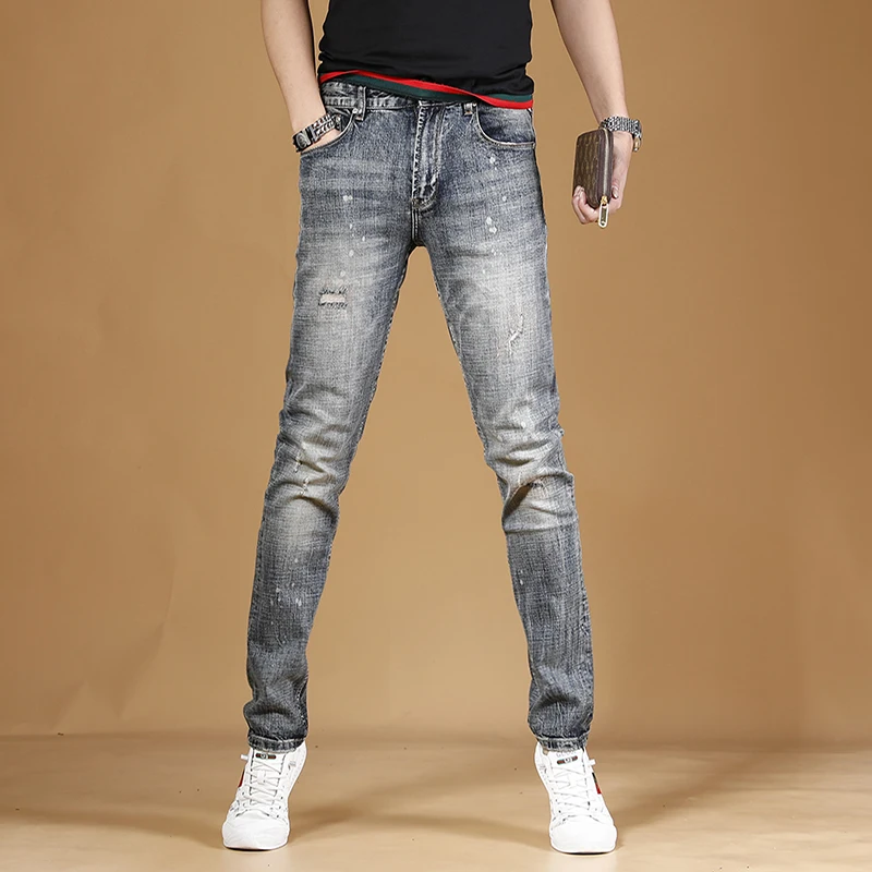 

Vintage Blue Ripped Jeans Men Streetwear Slim Fit Straight Pants Casual White Dots Printed Scratched Denim Trousers