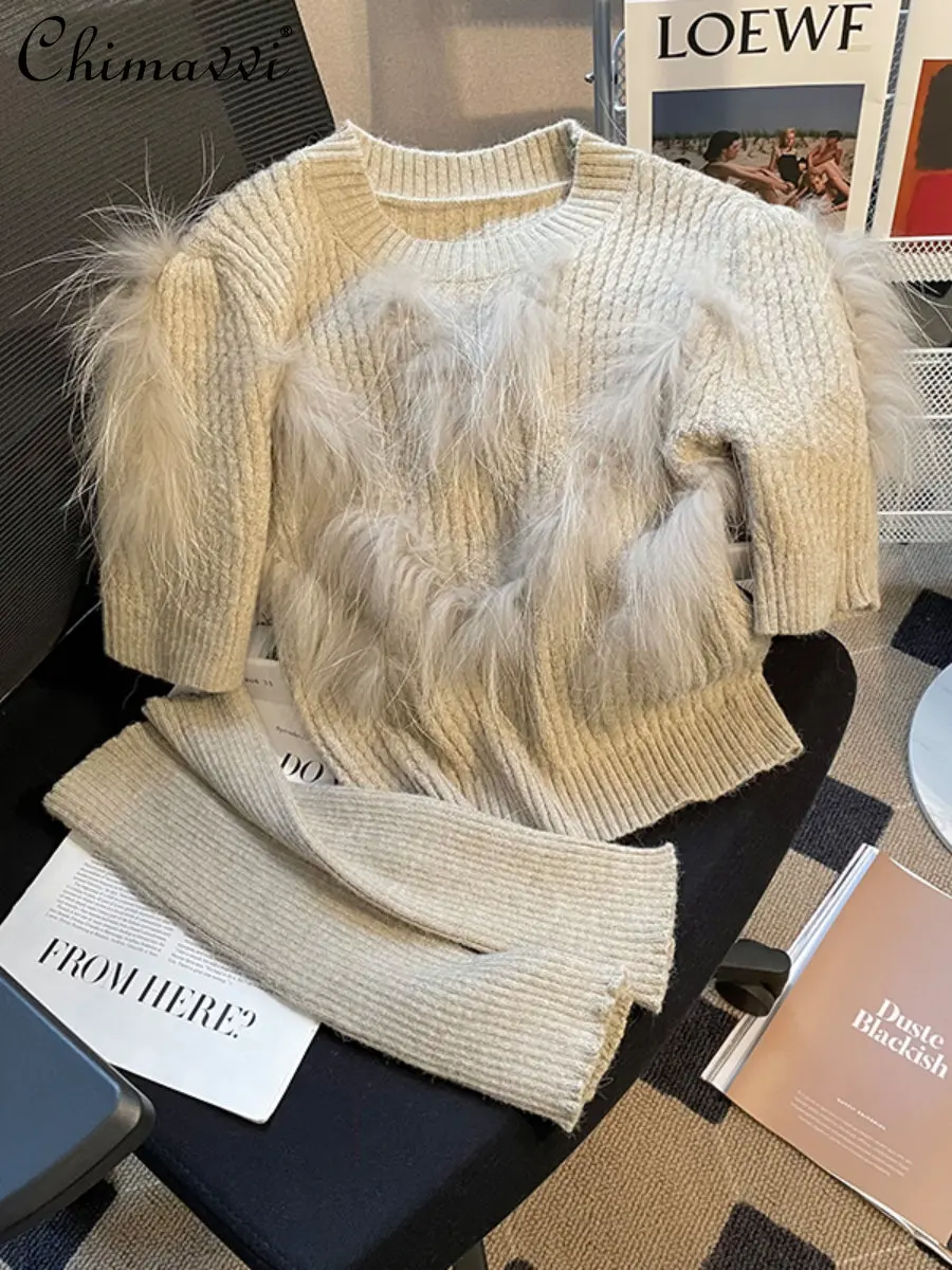 Women's High-Grade Stitching Rabbit Fur Oversleeve Sweater Winter Clothes New Graceful Fashionable Short Pullover Knitted Top