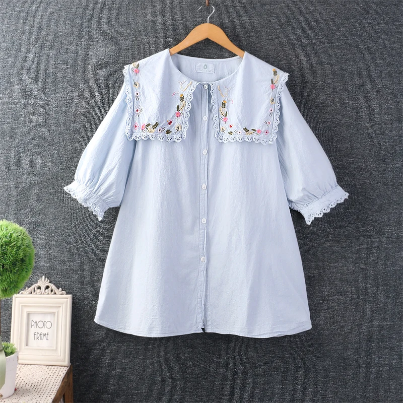 

Summer New Sweet Preppy Style Solid Color Embroidered Collar Top Women Short Sleeve Shirt MDW894