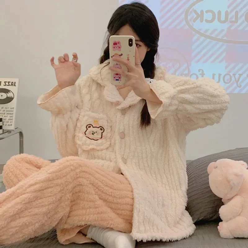 Теплая утепленная одежда для сна милых девочек топы с кукольным воротником брюки