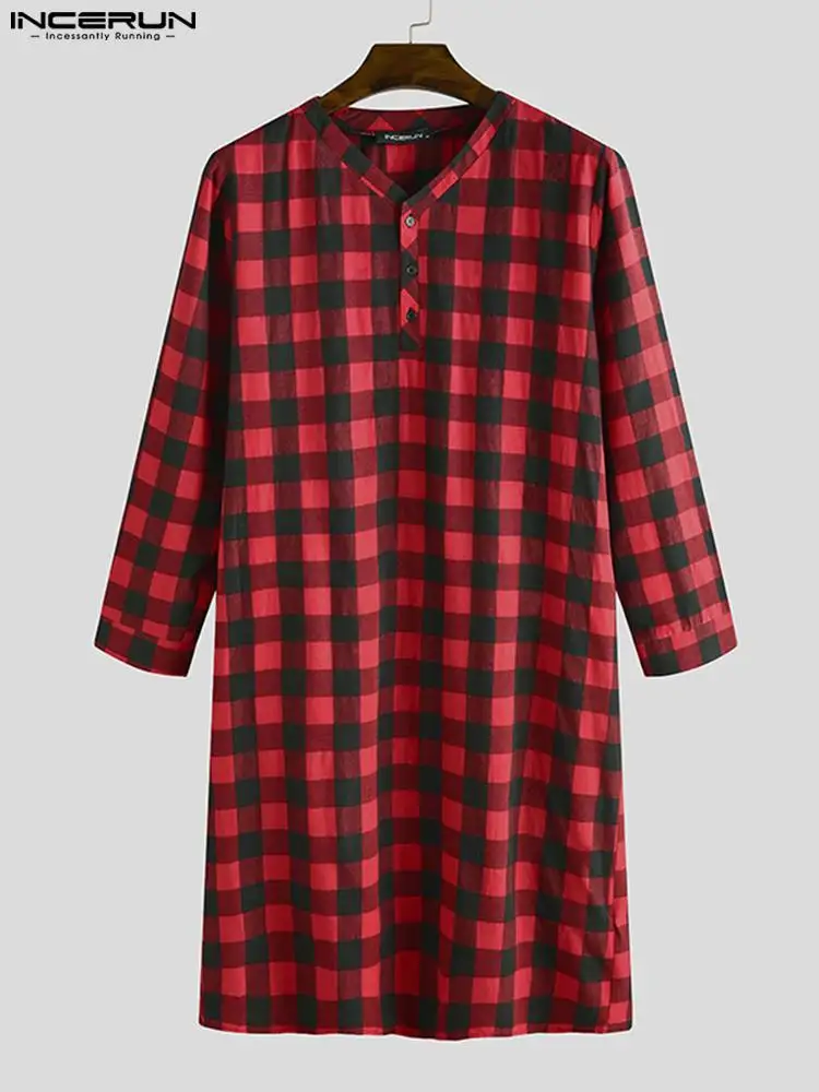 INCERUN 2023 New Men Sleep Robes Long Sleeve V Neck Plaid Nightgowns Man Button Loose Breathable Sleepwear Causal Long Bathrobes