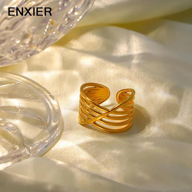

ENXIER Fashion Classic Multi-Layered Rings 316L Stainless Steel Gold Color Adjustable Opening Ring For Women Jewelry Gift