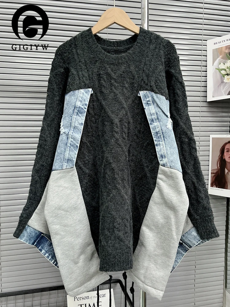 

Женский джинсовый свитер GIGIYW, Повседневный пуловер с длинным рукавом и круглым вырезом, осень 2022